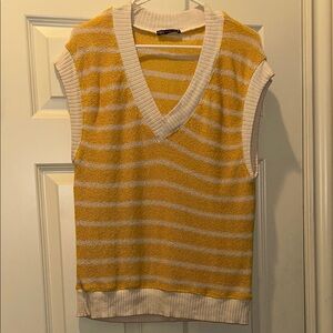 Zara Women Yellow Oversized Striped Vest V-Neck Pullover Sweater Size S